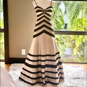 1-of-a-kind beaded black striped champagne evening gown w/ thin straps & brooch